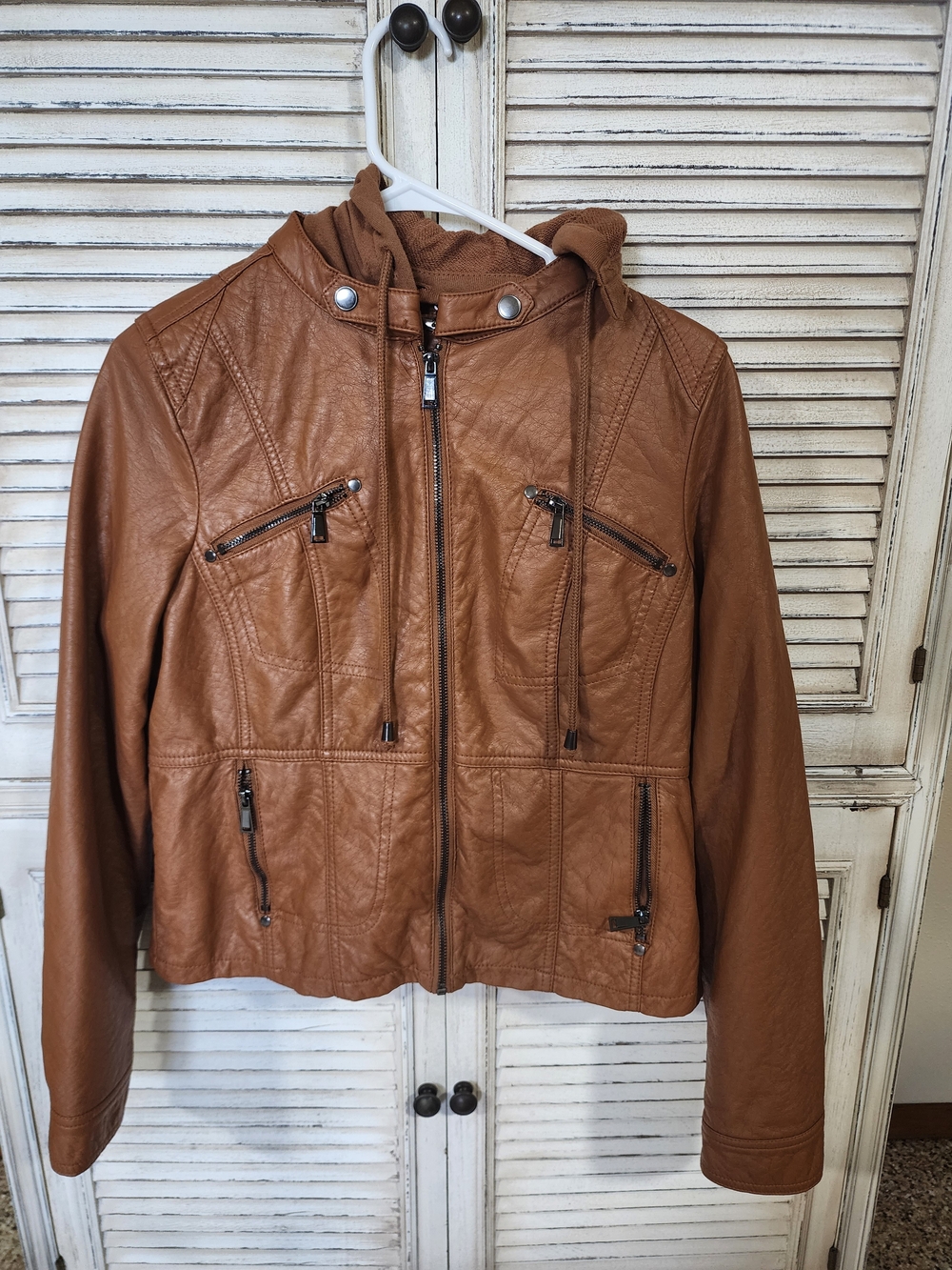 Tan Hooded Faux Leather Jacket - Stylish Zip Front Coat